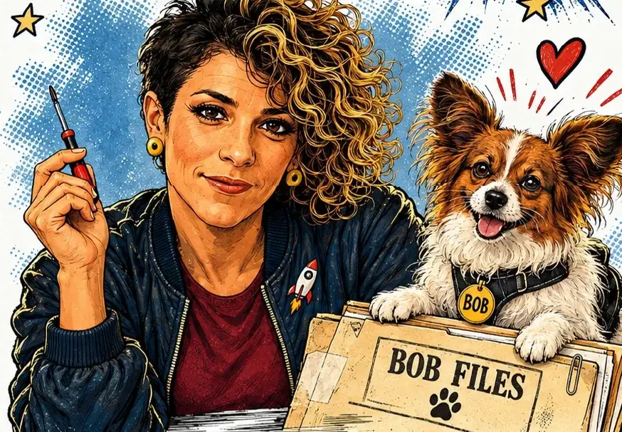 Illustrazione di Cinzia con un cacciavite in mano e Bob appoggiato al fascicolo dei Bob Files