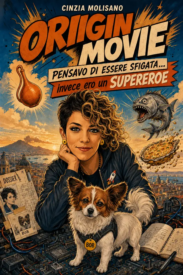 Copertina di Origin Movie di Cinzia Molisano: Cinzia con il cane Bob, un merluzzo, una frittata di pasta e la peretta arancione